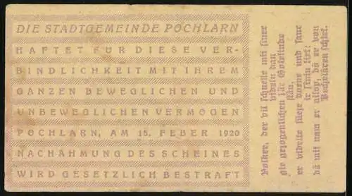 Notgeld Pöchlarn 1920, 80 Heller, Stadtansicht mit Kirche und Turm, Wappen und Unterschriften