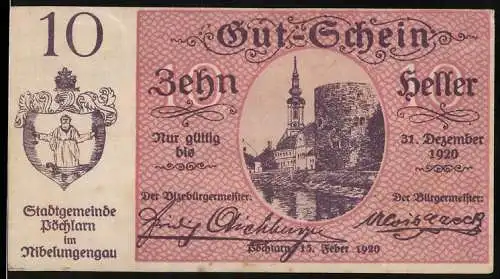 Notgeld Pöchlarn 1920, 10 Heller, Stadtansicht mit Kirche und Turm, Wappen enthalten