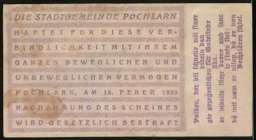 Notgeld Pöchlarn 1920, 10 Heller, Stadtansicht mit Kirche und Turm, Wappen enthalten