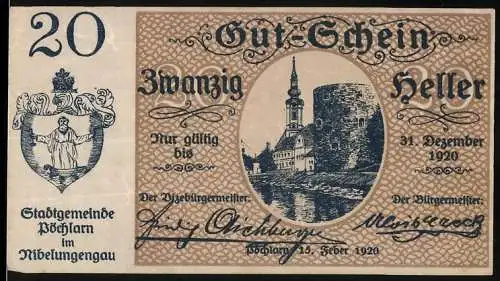 Notgeld Pöchlarn 1920, 20 Heller, Stadtansicht und Stadtwappen