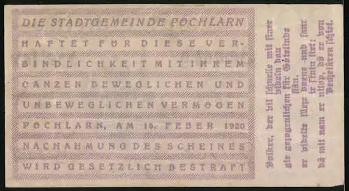 Notgeld Pöchlarn 1920, 20 Heller, Stadtansicht und Stadtwappen