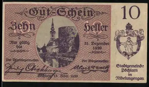 Notgeld Pöchlarn 1920, 10 Heller, Stadtansicht und Wappen, gültig bis 31. Dezember 1920