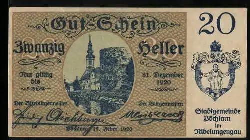 Notgeld Pöchlarn 1920, 20 Heller, Stadtansicht mit Turm und Burg, Wappen rechts