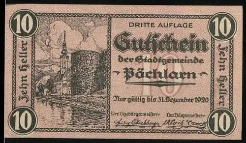 Notgeld Pöchlarn 1920, 10 Heller, Stadtansicht mit Kirche und Wappen, gültig bis 31. Dezember 1920