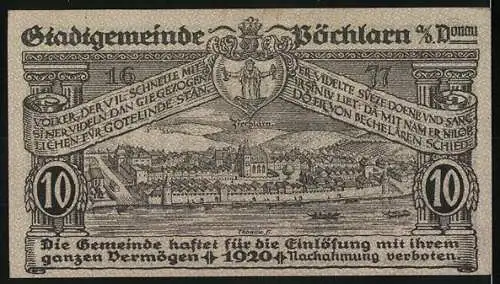 Notgeld Pöchlarn 1920, 10 Heller, Stadtansicht mit Kirche und Wappen, gültig bis 31. Dezember 1920