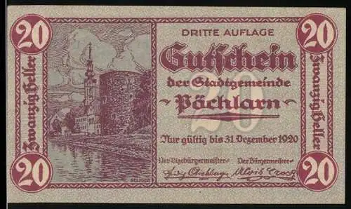 Notgeld Pöchlarn 1920, 20 Heller, Stadtansicht und Burg am Fluss, Stadtwappen und Landschaft