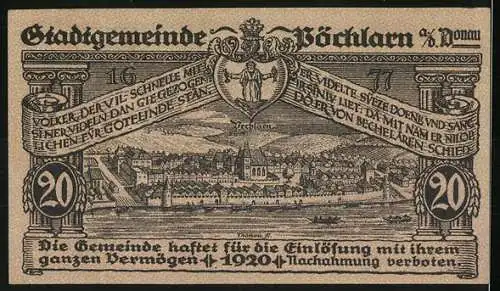 Notgeld Pöchlarn 1920, 20 Heller, Stadtansicht und Burg am Fluss, Stadtwappen und Landschaft