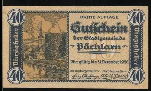 Notgeld Pöchlarn 1920, 40 Heller, Stadtansicht und Flusslandschaft mit Burgmauer und Kirche