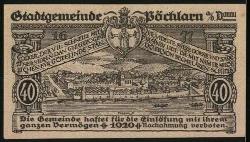 Notgeld Pöchlarn 1920, 40 Heller, Stadtansicht und Flusslandschaft mit Burgmauer und Kirche