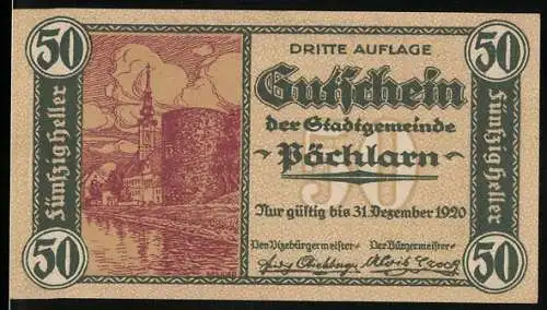 Notgeld Pöchlarn 1920, 50 Heller, Stadtansicht und Landschaft, Stadtwappen, gültig bis 31. Dezember 1920