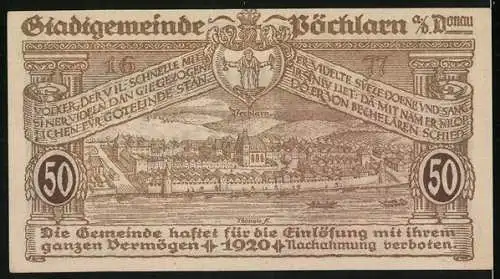 Notgeld Pöchlarn 1920, 50 Heller, Stadtansicht und Landschaft, Stadtwappen, gültig bis 31. Dezember 1920