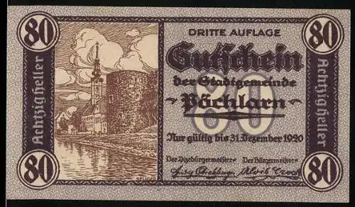 Notgeld Pöchlarn 1920, 80 Heller, Stadtansicht mit Kirche und Fluss, Stadtwappen und Inschriften