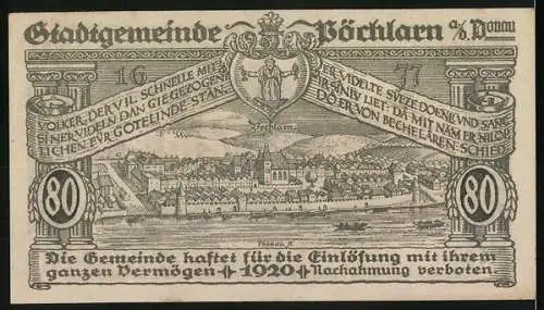 Notgeld Pöchlarn 1920, 80 Heller, Stadtansicht mit Kirche und Fluss, Stadtwappen und Inschriften