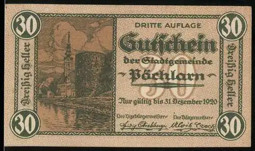 Notgeld Pöchlarn 1920, 30 Heller, Stadtansicht mit Kirche und Fluss, Wappen oben mittig