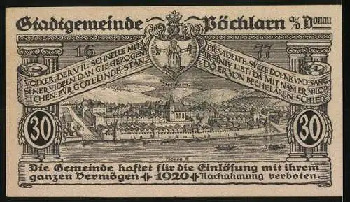 Notgeld Pöchlarn 1920, 30 Heller, Stadtansicht mit Kirche und Fluss, Wappen oben mittig