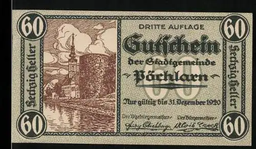 Notgeld Pöchlarn 1920, 60 Heller, Stadtansicht mit Kirche und Fluss, mit Wappen und poetischem Text