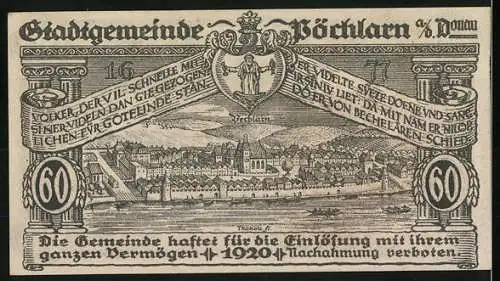 Notgeld Pöchlarn 1920, 60 Heller, Stadtansicht mit Kirche und Fluss, mit Wappen und poetischem Text