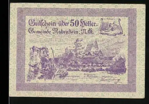 Notgeld Rabenstein 1920, 50 Heller, Burgruine und Dorflandschaft, erste Ausgabe