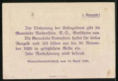 Notgeld Rabenstein 1920, 50 Heller, Burgruine und Dorflandschaft, erste Ausgabe