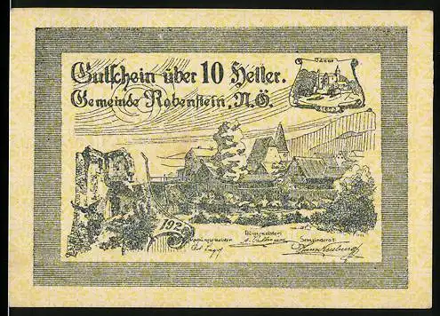 Notgeld Rabenstein 1920, 10 Heller, Burgruine und ländliche Szene, Wappen und Gültigkeitstext