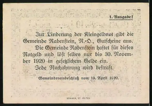 Notgeld Rabenstein 1920, 10 Heller, Burgruine und ländliche Szene, Wappen und Gültigkeitstext