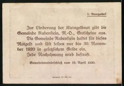 Notgeld Rabenstein 1920, 20 Heller, Burgruine und Landschaftsmotiv