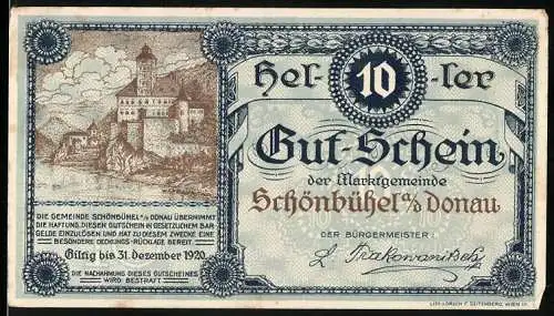 Notgeld Schönbühel an der Donau 1920, 10 Heller, Burgmotiv und dekorative Umrandung