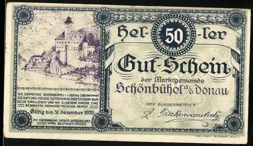 Notgeld Schönbühel an der Donau 1920, 50 Heller, Burglandschaftsmotiv