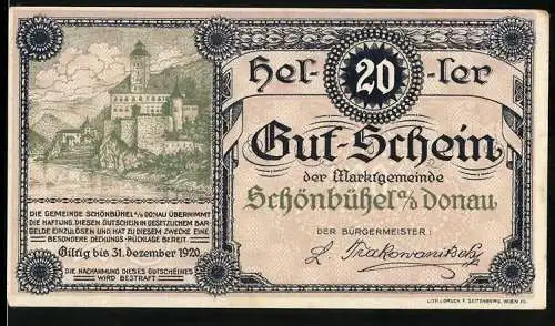 Notgeld Schönbühel a.d. Donau 1920, 20 Heller, Burgansicht und dekorativer Rahmen