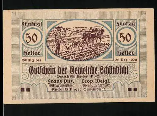 Notgeld Schönbichl 1920, 50 Heller, Bauer mit Pflug und Pferden auf dem Feld