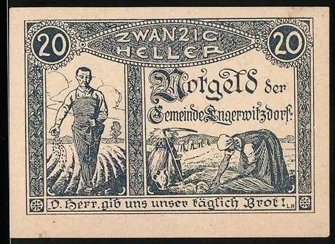 Notgeld Engerwitzdorf 1920, 20 Heller, Bauer mit Pflug und betende Frau, Herr, gib uns unser täglich Brot