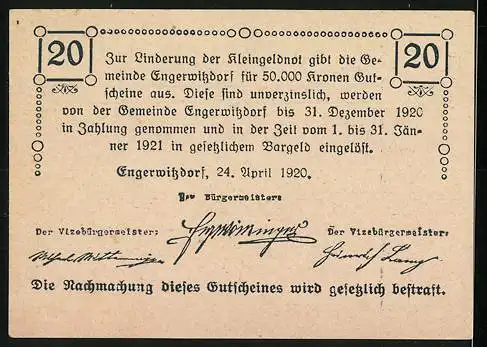 Notgeld Engerwitzdorf 1920, 20 Heller, Bauer mit Pflug und betende Frau, Herr, gib uns unser täglich Brot