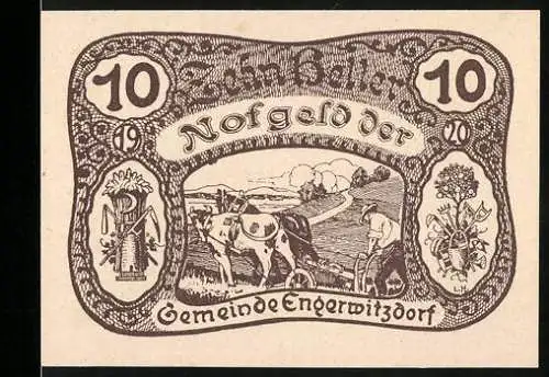 Notgeld Engerwitzdorf 1920, 10 Heller, Pflügende Bauern und ländliche Szene