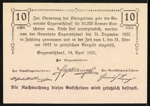 Notgeld Engerwitzdorf 1920, 10 Heller, Pflügende Bauern und ländliche Szene