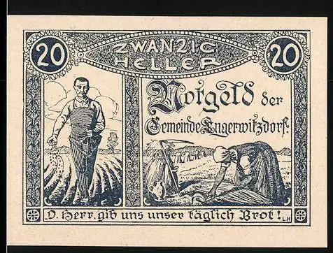 Notgeld Engerwitzdorf 1920, 20 Heller, Bauer bei der Feldarbeit und betende Frau