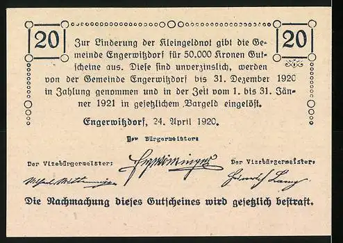 Notgeld Engerwitzdorf 1920, 20 Heller, Bauer bei der Feldarbeit und betende Frau