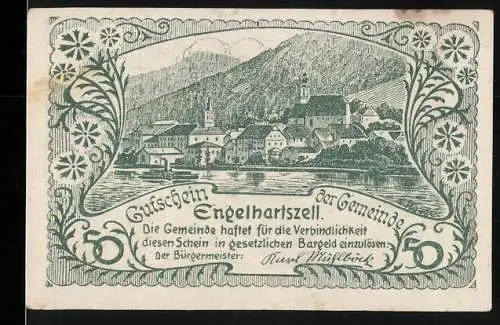 Notgeld Engelhartszell 1920, 50 Heller, Dorfansicht und Wappen mit Engelmotiv