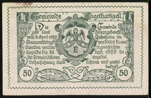 Notgeld Engelhartszell 1920, 50 Heller, Dorfansicht und Wappen mit Engelmotiv