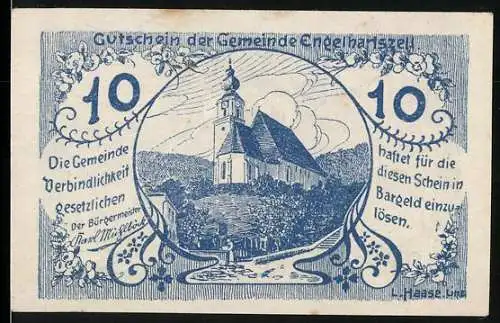 Notgeld Engelhartszell 1920, 10 Heller, Kirche und Wappen mit Engel-Motiv