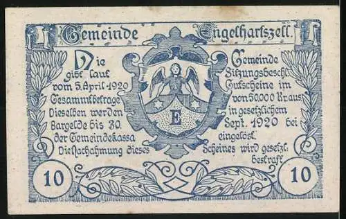 Notgeld Engelhartszell 1920, 10 Heller, Kirche und Wappen mit Engel-Motiv