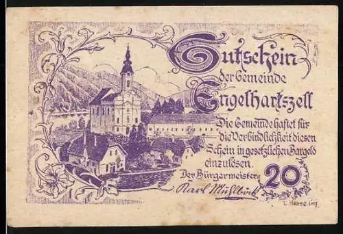 Notgeld Engelhartszell 1920, 20 Heller, Kirche und Berge, Engel im Wappen