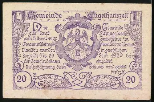 Notgeld Engelhartszell 1920, 20 Heller, Kirche und Berge, Engel im Wappen