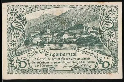 Notgeld Engelhartszell 1920, 50 Heller, Stadtansicht und Wappen mit Engel und E