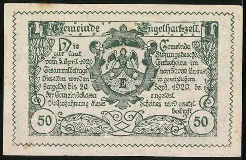 Notgeld Engelhartszell 1920, 50 Heller, Stadtansicht und Wappen mit Engel und E