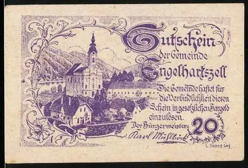 Notgeld Engelhartszell 1920, 20 Heller, Landschaft mit Kirche und Wappen der Gemeinde