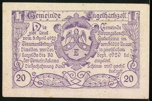 Notgeld Engelhartszell 1920, 20 Heller, Landschaft mit Kirche und Wappen der Gemeinde