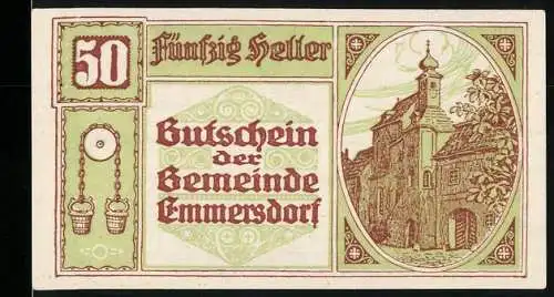 Notgeld Emmersdorf 1920, 50 Heller, Gemeindegebäude, Gemeindesiegel, gültig bis 31. Dezember 1920