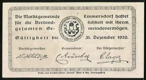 Notgeld Emmersdorf 1920, 50 Heller, Gemeindegebäude, Gemeindesiegel, gültig bis 31. Dezember 1920