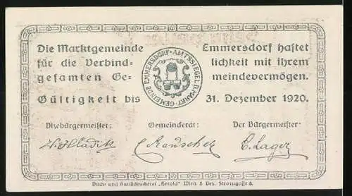 Notgeld Emmersdorf 1920, 10 Heller, Gebäude und Eimer-Motiv, mit Gemeindesiegel