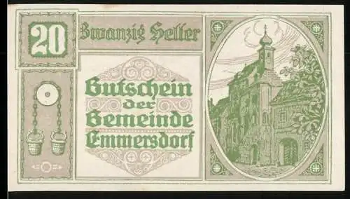 Notgeld Emmersdorf 1920, 20 Heller, Kirche und Eimer, Gemeindesiegel mit Unterschriften